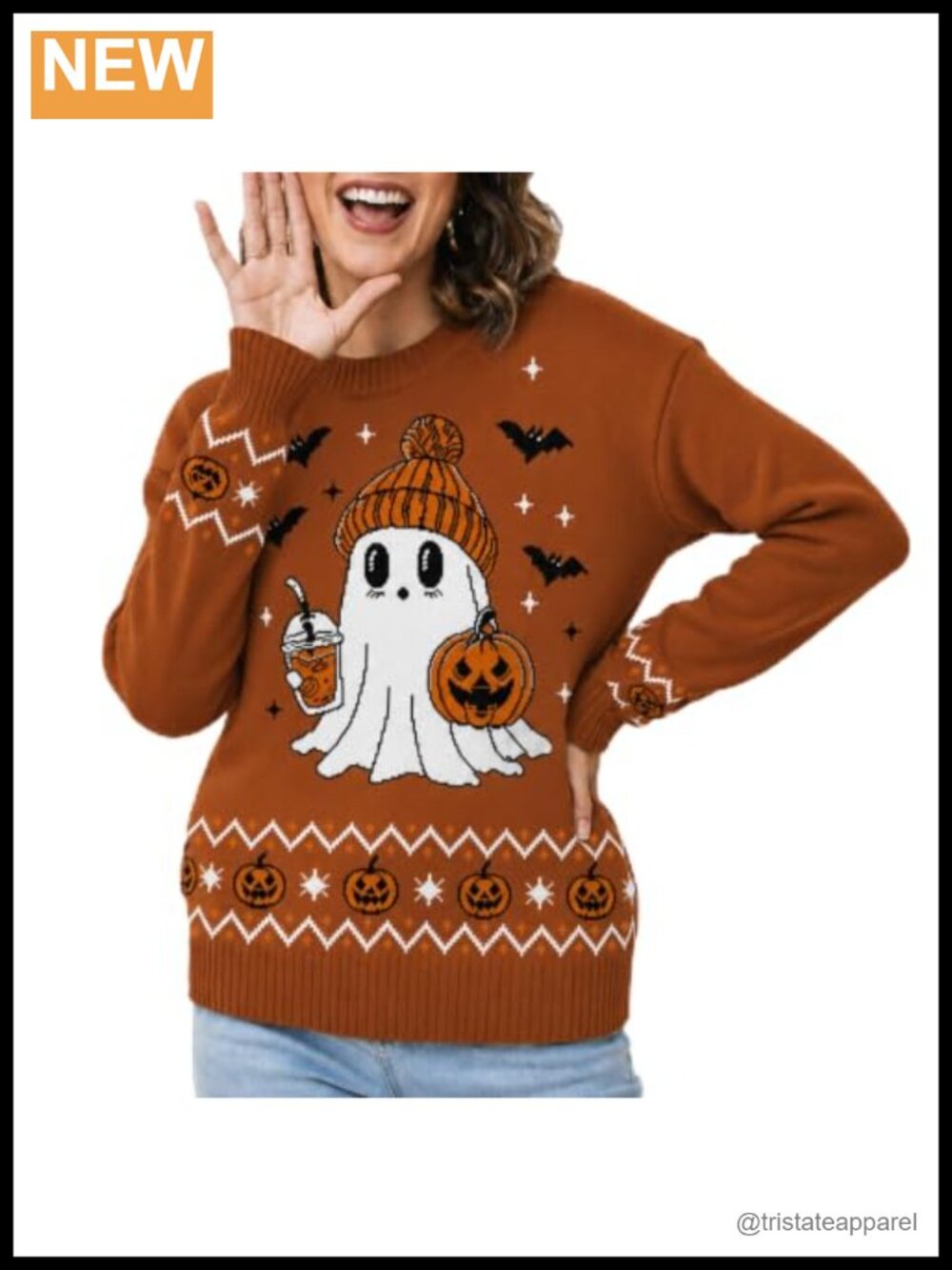 Women's Halloween Knit Pullover Sweater Ghost Pumpkin Crew Neck